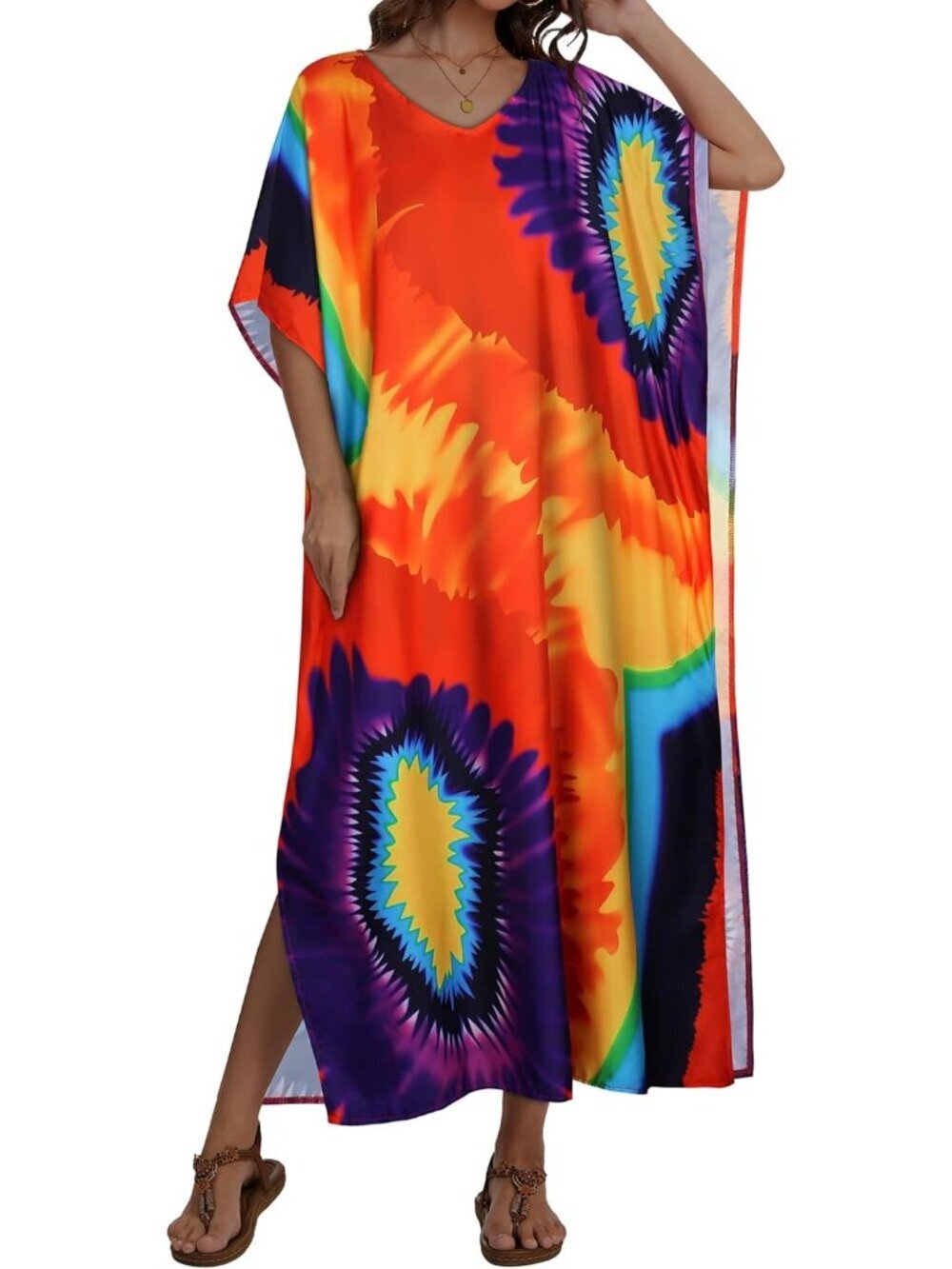 〽️Women's Colorful Spiral Plus Size V Neck Caftan Long Batwing Sleeve Cover Up
